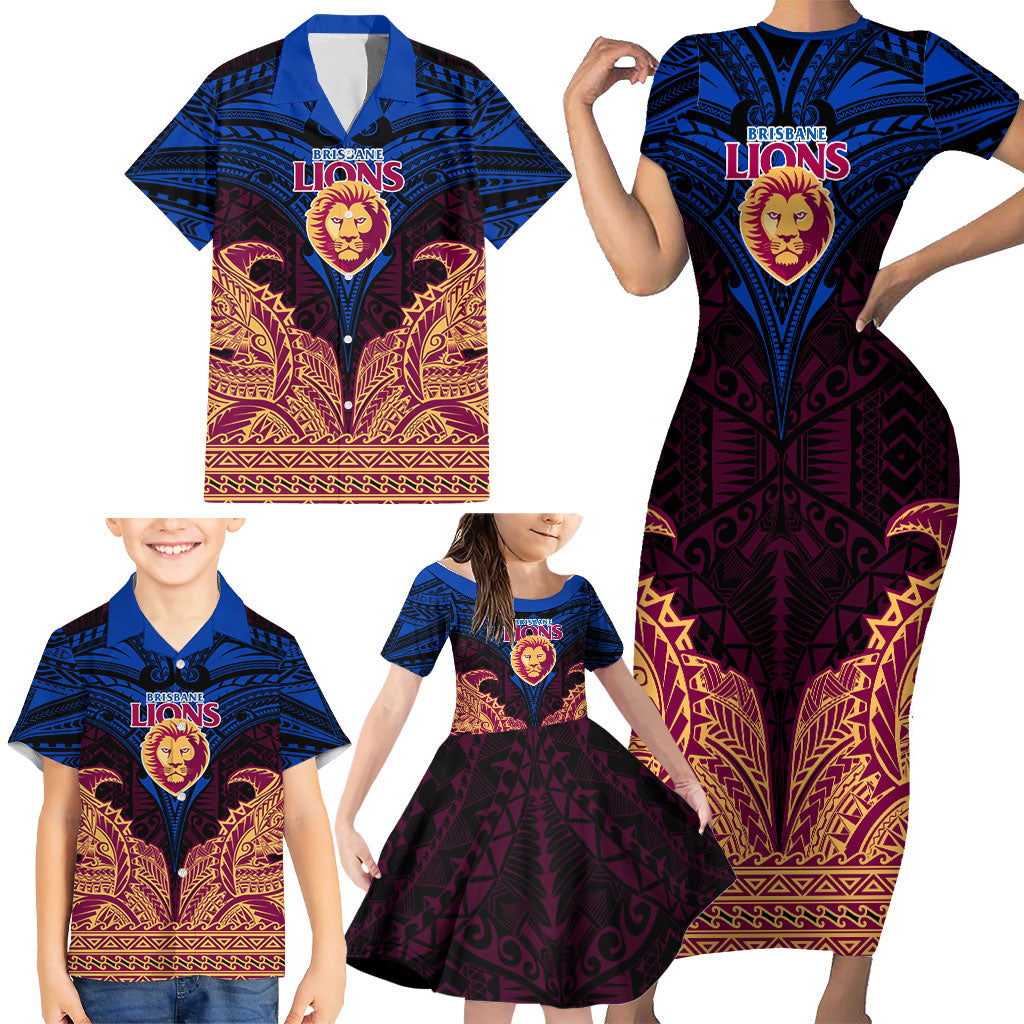 Personalized Brisbane Lions Family Matching Short Sleeve Bodycon Dress and Hawaiian Shirt Polynesian Tribal Lion Burgundy Gold Warrior