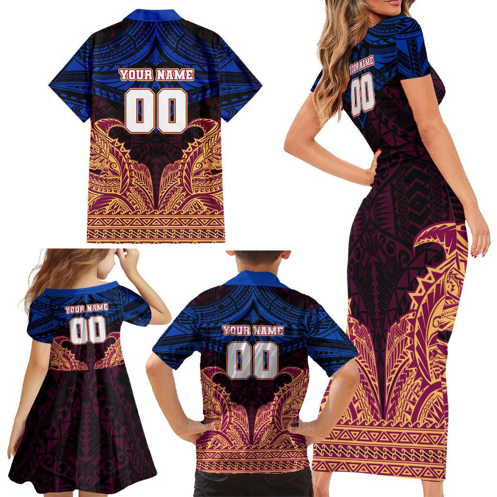 Personalized Brisbane Lions Family Matching Short Sleeve Bodycon Dress and Hawaiian Shirt Polynesian Tribal Lion Burgundy Gold Warrior