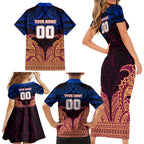 Personalized Brisbane Lions Family Matching Short Sleeve Bodycon Dress and Hawaiian Shirt Polynesian Tribal Lion Burgundy Gold Warrior