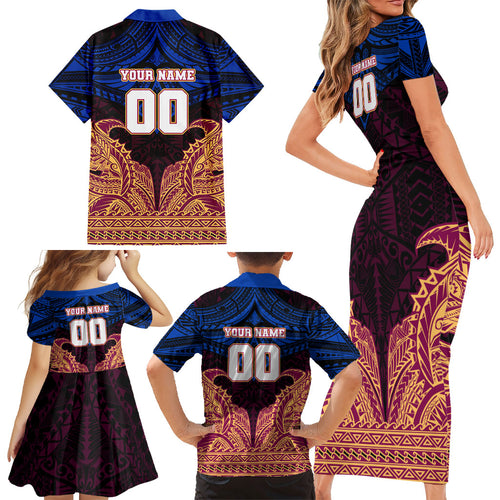 Personalized Brisbane Lions Family Matching Short Sleeve Bodycon Dress and Hawaiian Shirt Polynesian Tribal Lion Burgundy Gold Warrior