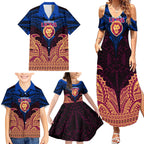 Personalized Brisbane Lions Family Matching Summer Maxi Dress and Hawaiian Shirt Polynesian Tribal Lion Burgundy Gold Warrior