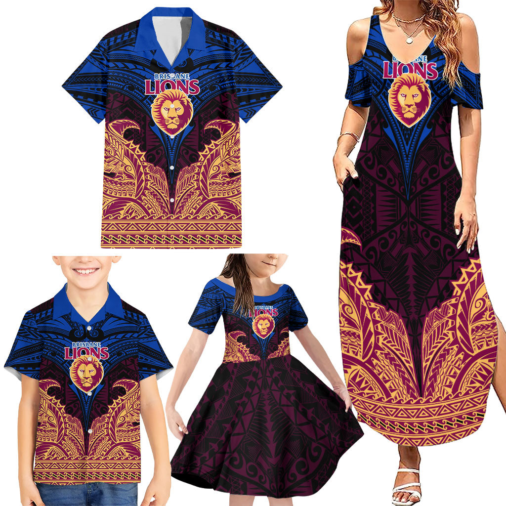 Personalized Brisbane Lions Family Matching Summer Maxi Dress and Hawaiian Shirt Polynesian Tribal Lion Burgundy Gold Warrior