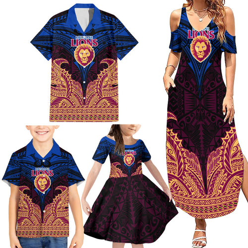 Personalized Brisbane Lions Family Matching Summer Maxi Dress and Hawaiian Shirt Polynesian Tribal Lion Burgundy Gold Warrior