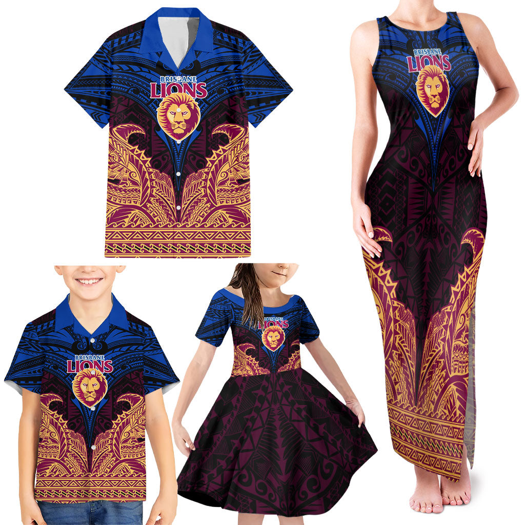 Personalized Brisbane Lions Family Matching Tank Maxi Dress and Hawaiian Shirt Polynesian Tribal Lion Burgundy Gold Warrior