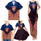 Personalized Brisbane Lions Family Matching Tank Maxi Dress and Hawaiian Shirt Polynesian Tribal Lion Burgundy Gold Warrior