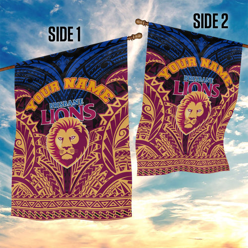 Personalized Brisbane Lions Garden Flag Polynesian Tribal Lion Burgundy Gold Warrior