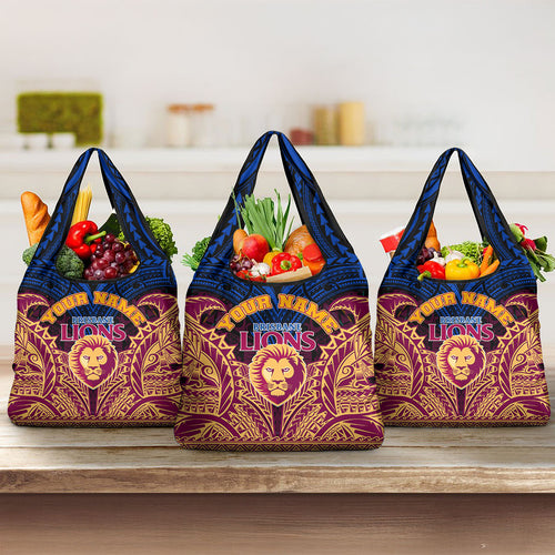 Personalized Brisbane Lions Grocery Bag Polynesian Tribal Lion Burgundy Gold Warrior