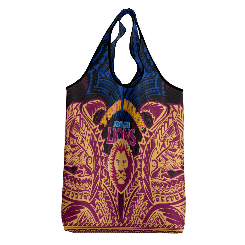 Personalized Brisbane Lions Grocery Bag Polynesian Tribal Lion Burgundy Gold Warrior