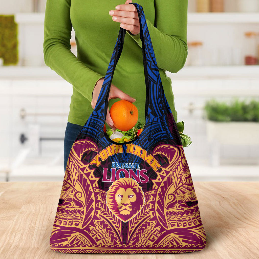 Personalized Brisbane Lions Grocery Bag Polynesian Tribal Lion Burgundy Gold Warrior