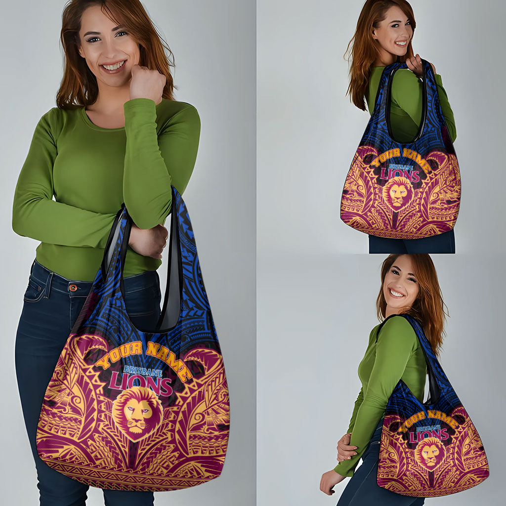 Personalized Brisbane Lions Grocery Bag Polynesian Tribal Lion Burgundy Gold Warrior