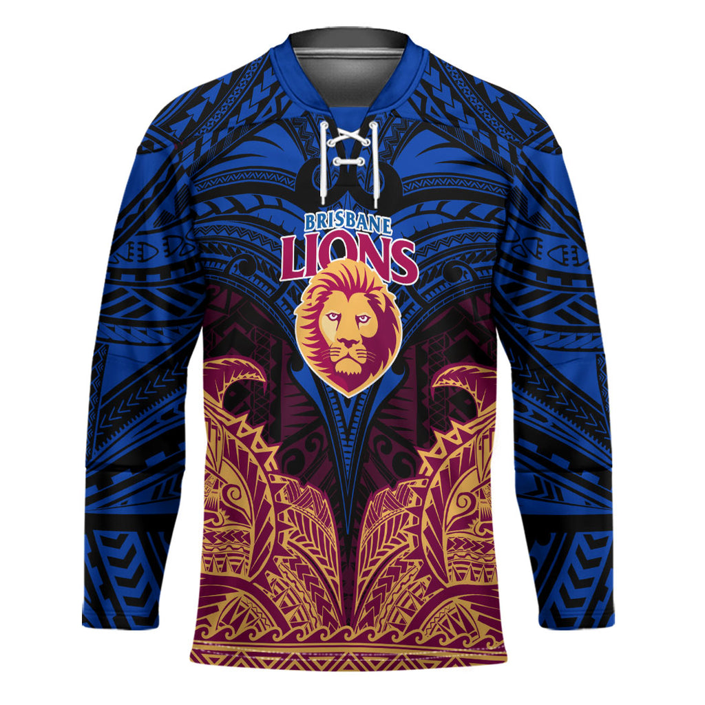 Personalized Brisbane Lions Hockey Jersey Polynesian Tribal Lion Burgundy Gold Warrior