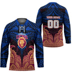 Personalized Brisbane Lions Hockey Jersey Polynesian Tribal Lion Burgundy Gold Warrior