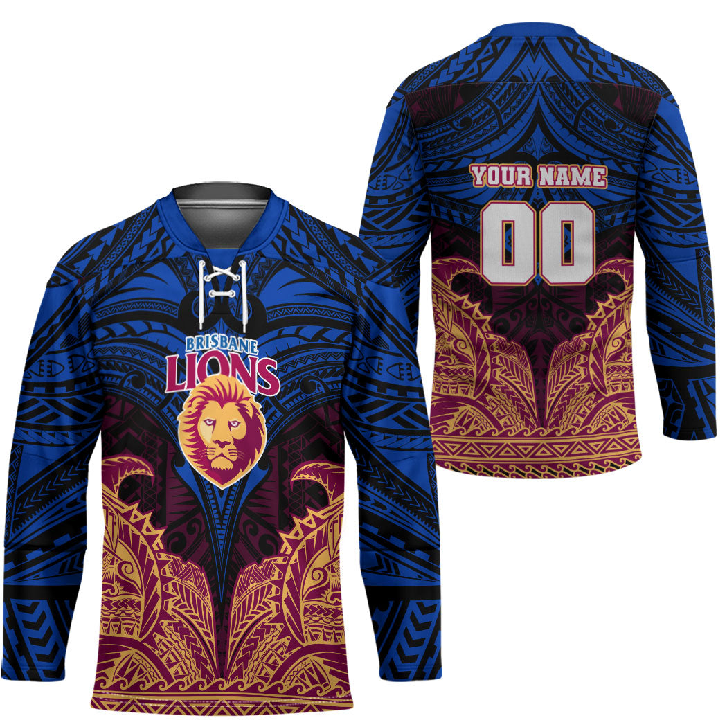 Personalized Brisbane Lions Hockey Jersey Polynesian Tribal Lion Burgundy Gold Warrior