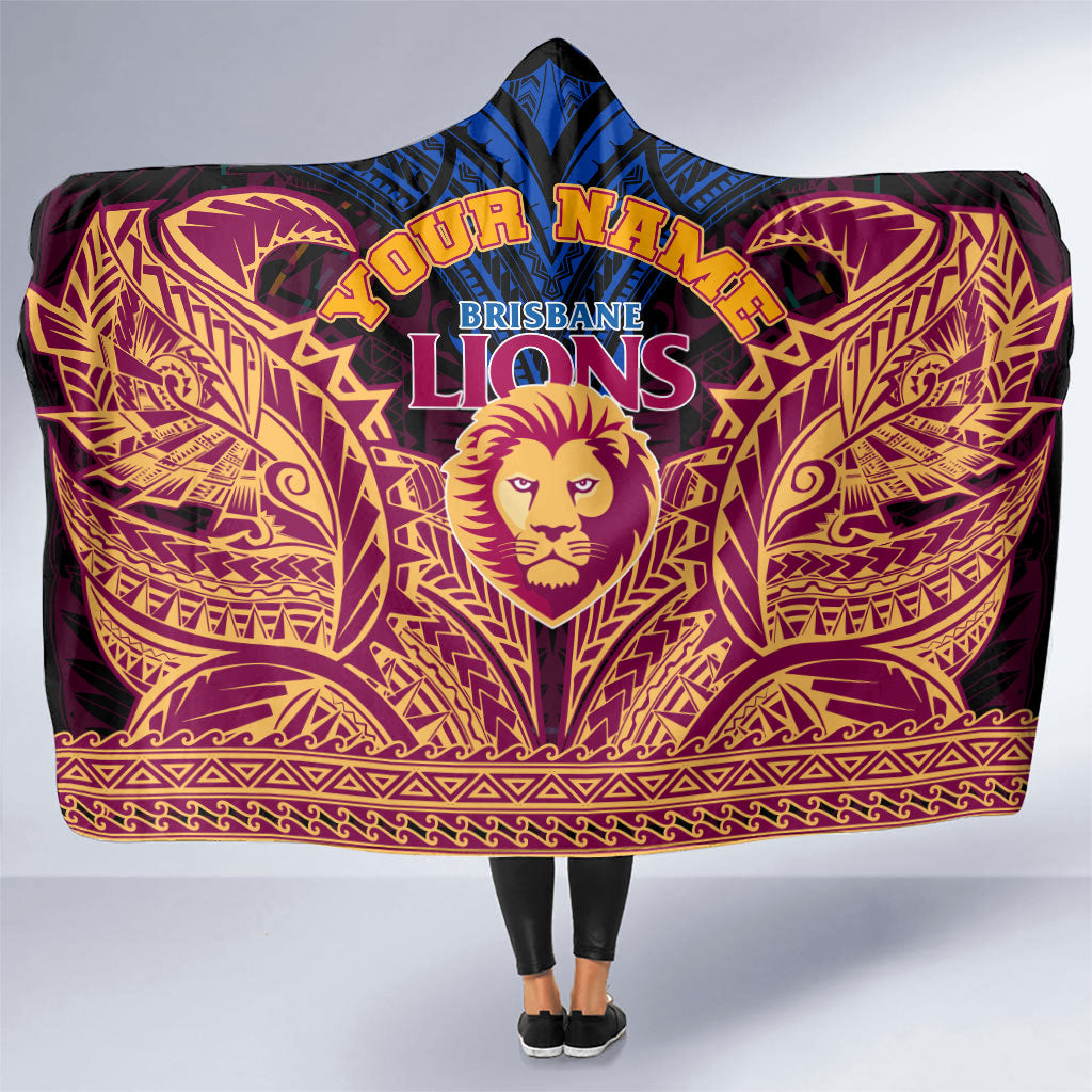 Personalized Brisbane Lions Hooded Blanket Polynesian Tribal Lion Burgundy Gold Warrior