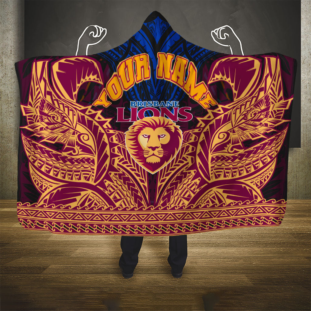 Personalized Brisbane Lions Hooded Blanket Polynesian Tribal Lion Burgundy Gold Warrior