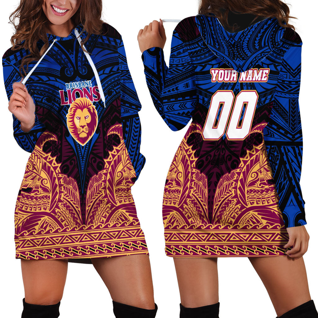 Personalized Brisbane Lions Hoodie Dress Polynesian Tribal Lion Burgundy Gold Warrior