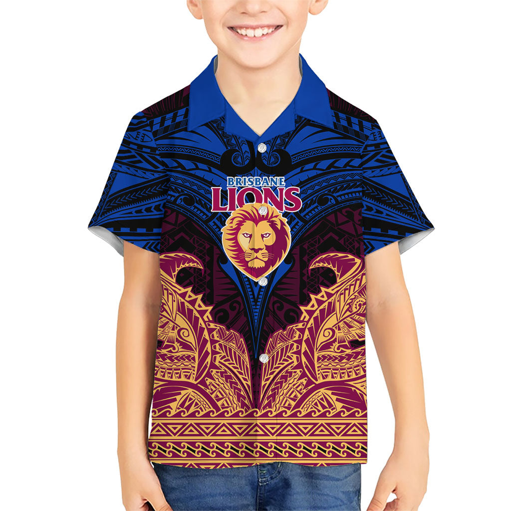 Personalized Brisbane Lions Kid Hawaiian Shirt Polynesian Tribal Lion Burgundy Gold Warrior