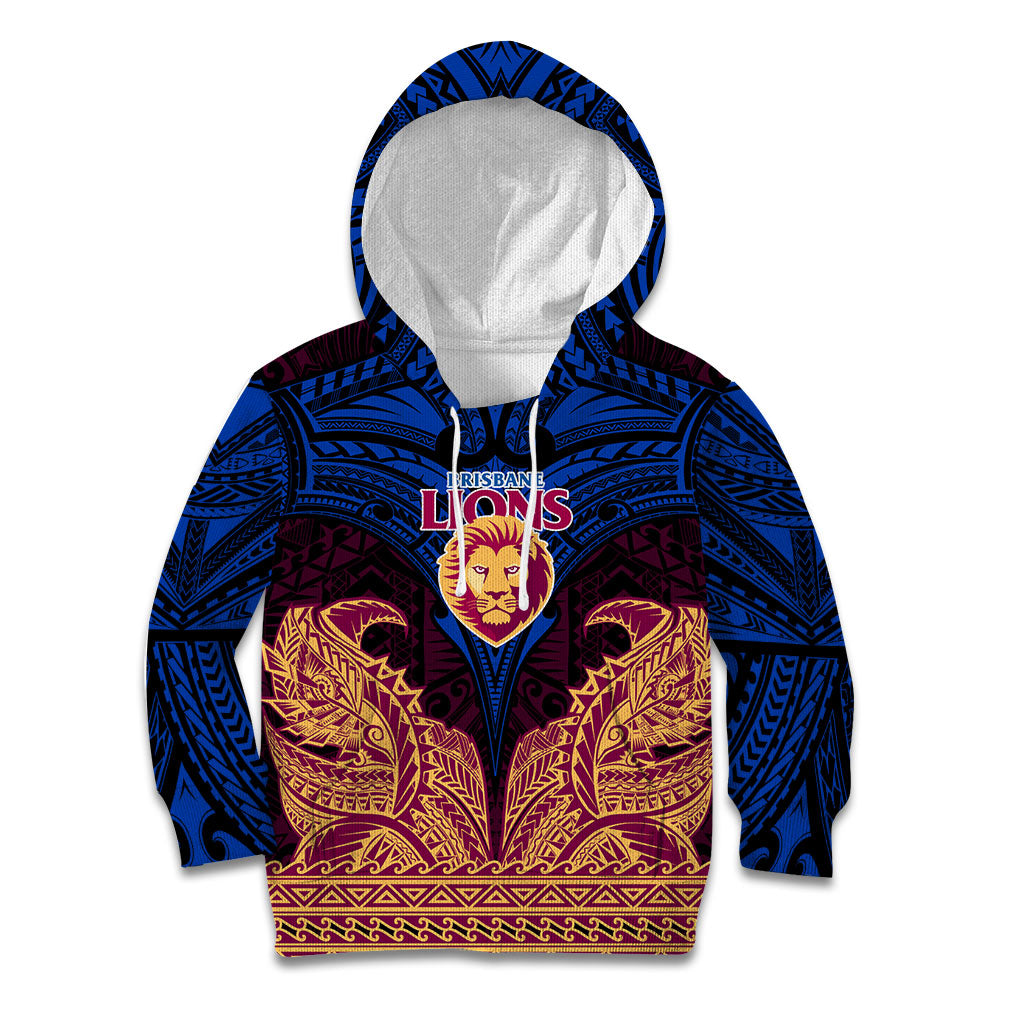 Personalized Brisbane Lions Kid Hoodie Polynesian Tribal Lion Burgundy Gold Warrior