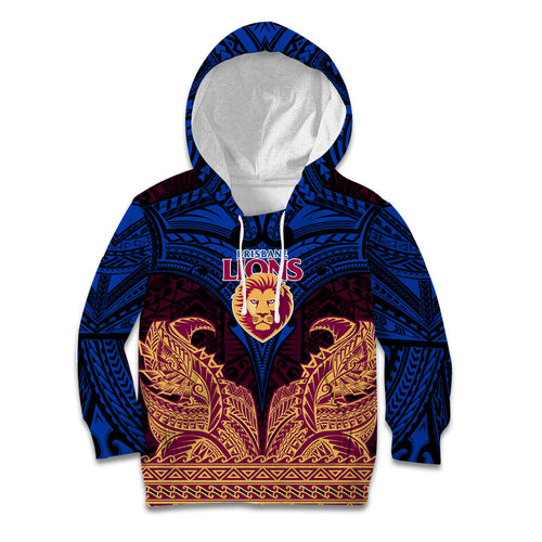 Personalized Brisbane Lions Kid Hoodie Polynesian Tribal Lion Burgundy Gold Warrior