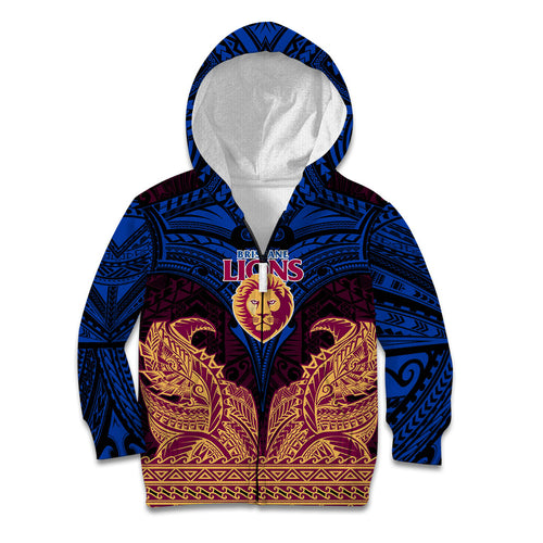 Personalized Brisbane Lions Kid Hoodie Polynesian Tribal Lion Burgundy Gold Warrior