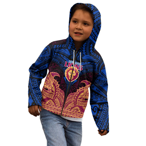 Personalized Brisbane Lions Kid Hoodie Polynesian Tribal Lion Burgundy Gold Warrior