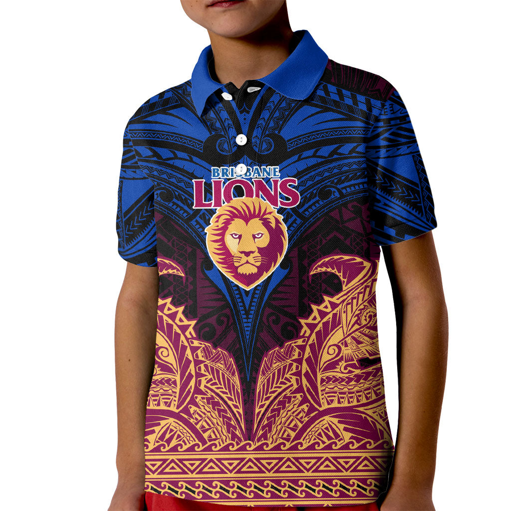 Personalized Brisbane Lions Kid Polo Shirt Polynesian Tribal Lion Burgundy Gold Warrior