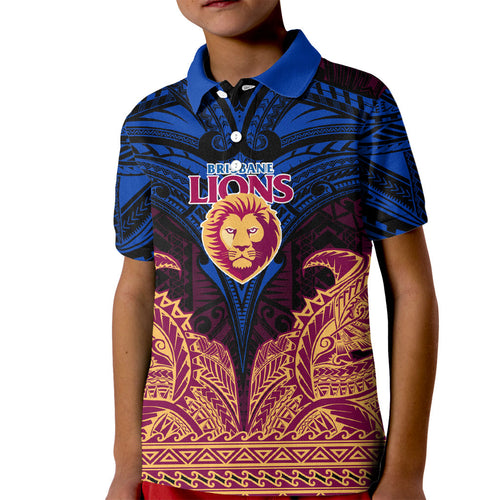 Personalized Brisbane Lions Kid Polo Shirt Polynesian Tribal Lion Burgundy Gold Warrior