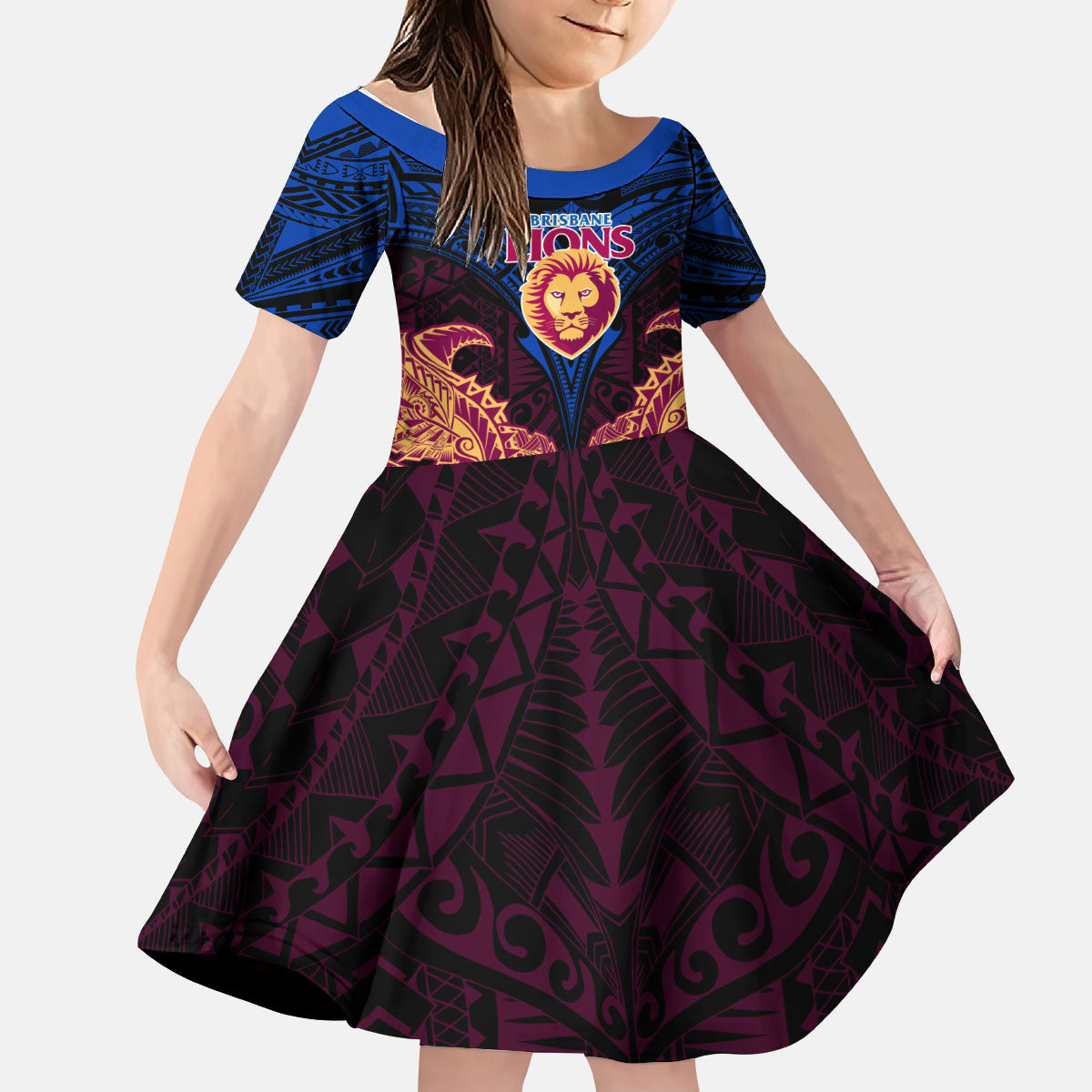 Personalized Brisbane Lions Kid Short Sleeve Dress Polynesian Tribal Lion Burgundy Gold Warrior