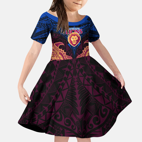 Personalized Brisbane Lions Kid Short Sleeve Dress Polynesian Tribal Lion Burgundy Gold Warrior
