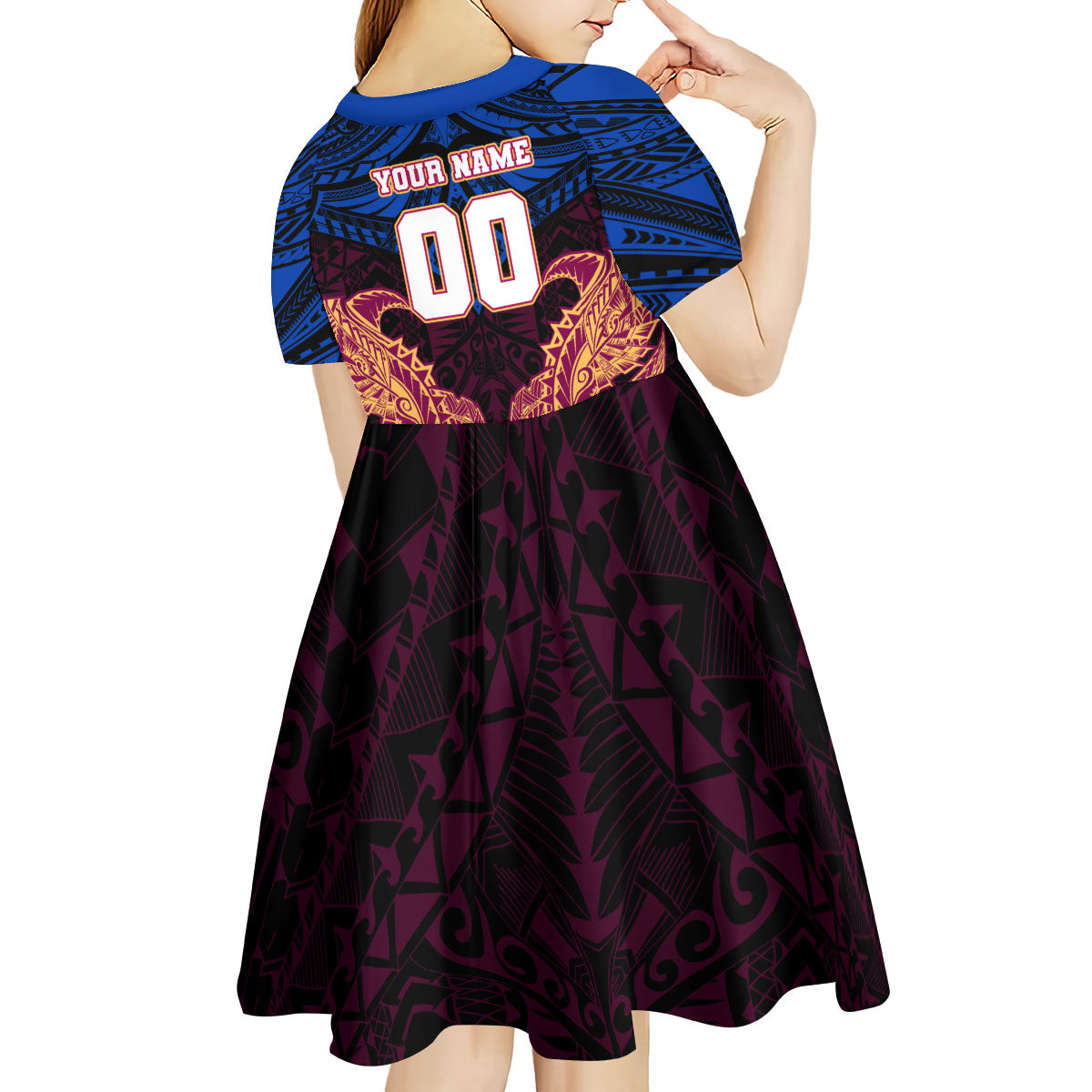 Personalized Brisbane Lions Kid Short Sleeve Dress Polynesian Tribal Lion Burgundy Gold Warrior