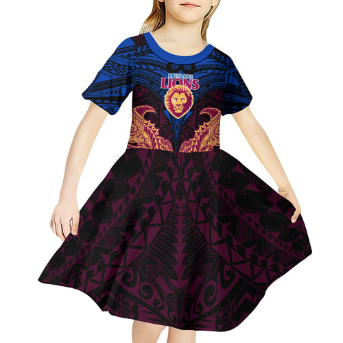 Personalized Brisbane Lions Kid Short Sleeve Dress Polynesian Tribal Lion Burgundy Gold Warrior