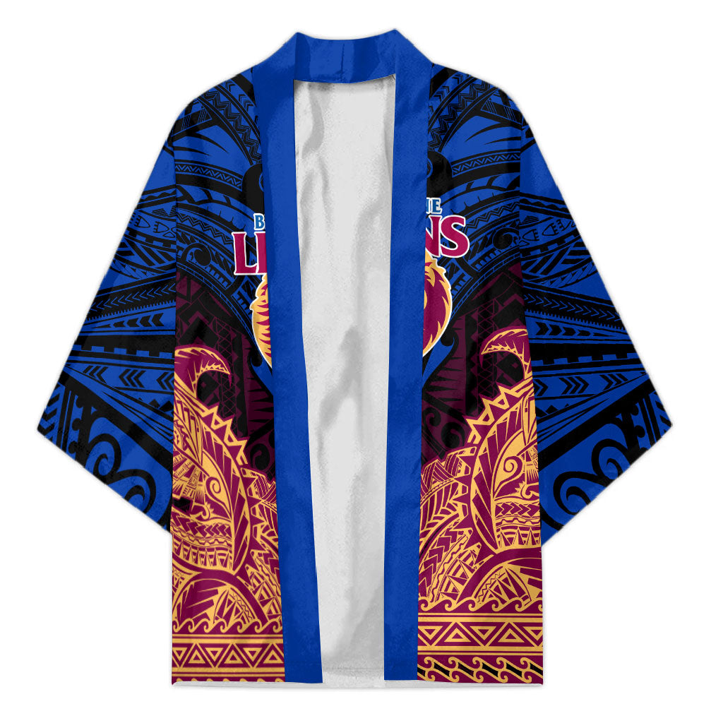 Personalized Brisbane Lions Kimono Polynesian Tribal Lion Burgundy Gold Warrior
