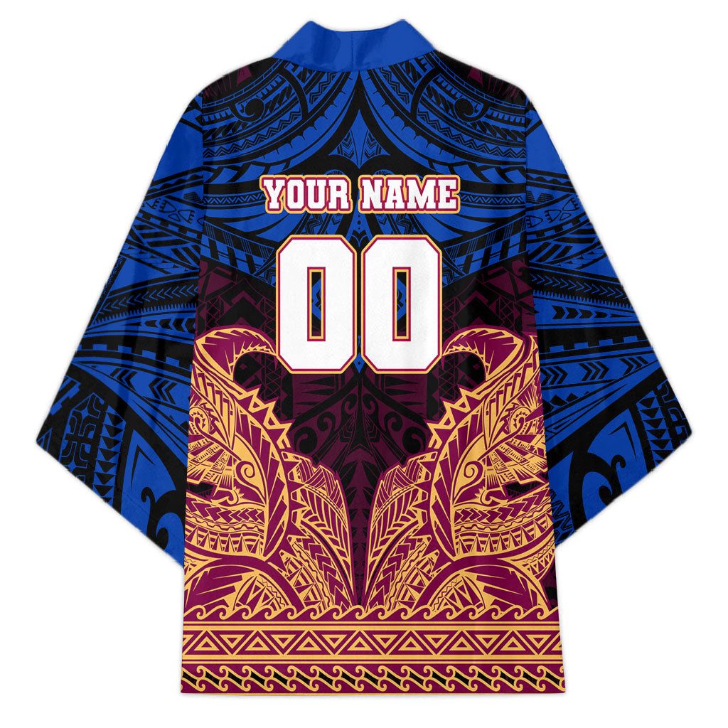 Personalized Brisbane Lions Kimono Polynesian Tribal Lion Burgundy Gold Warrior
