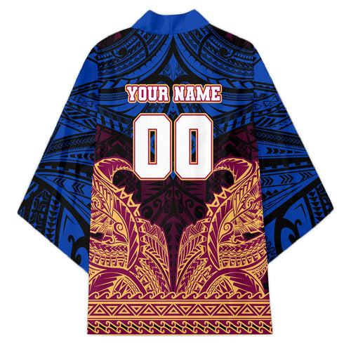 Personalized Brisbane Lions Kimono Polynesian Tribal Lion Burgundy Gold Warrior