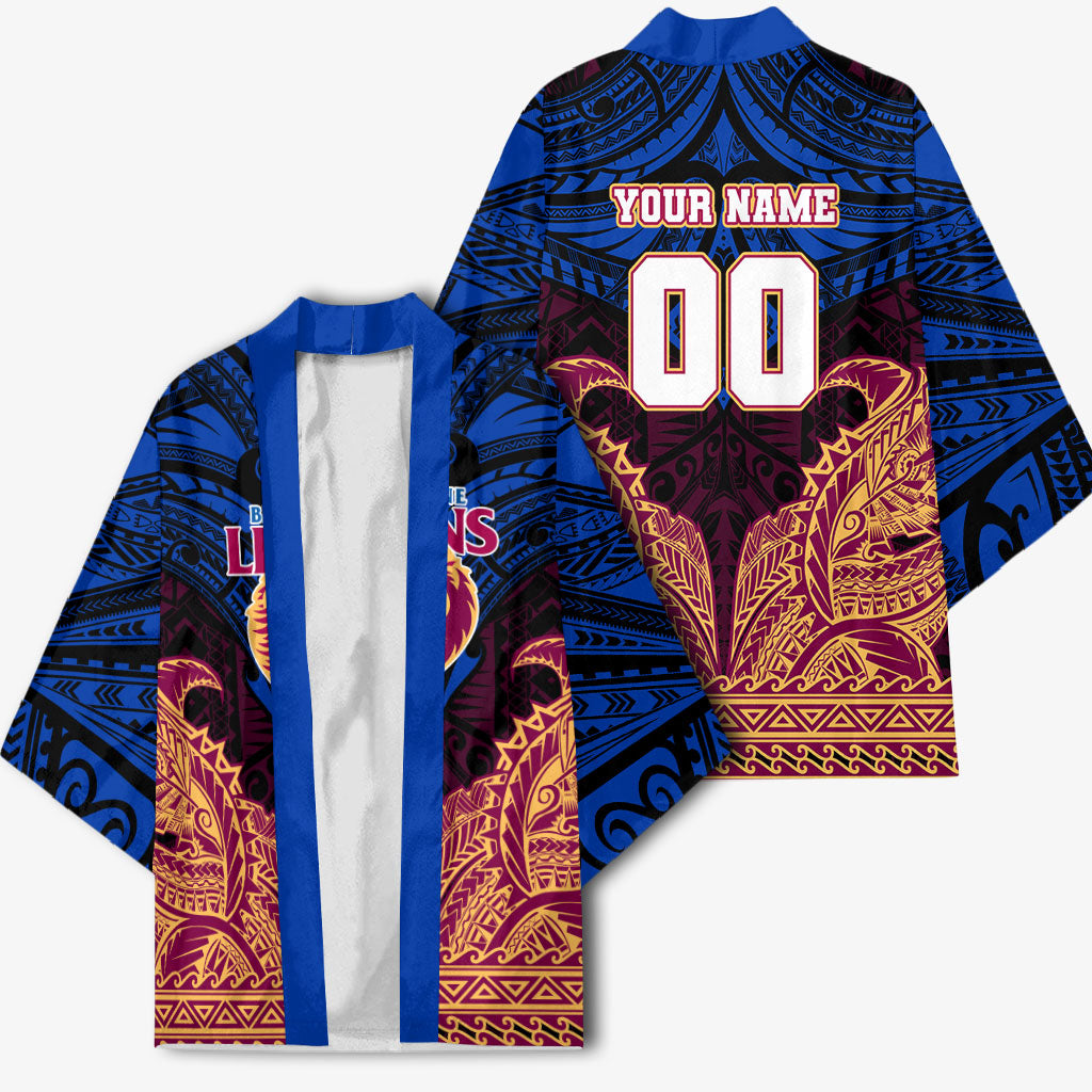 Personalized Brisbane Lions Kimono Polynesian Tribal Lion Burgundy Gold Warrior