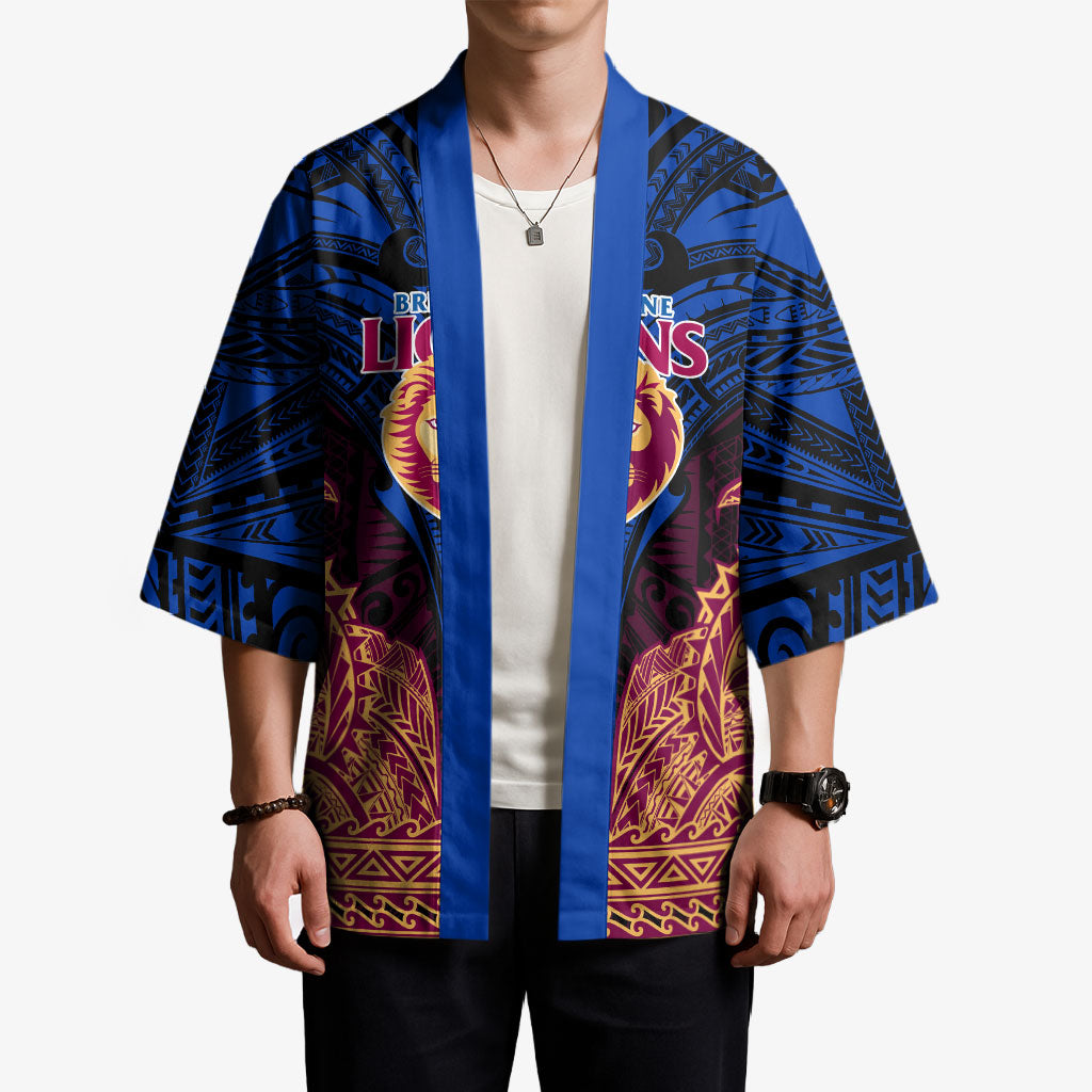 Personalized Brisbane Lions Kimono Polynesian Tribal Lion Burgundy Gold Warrior