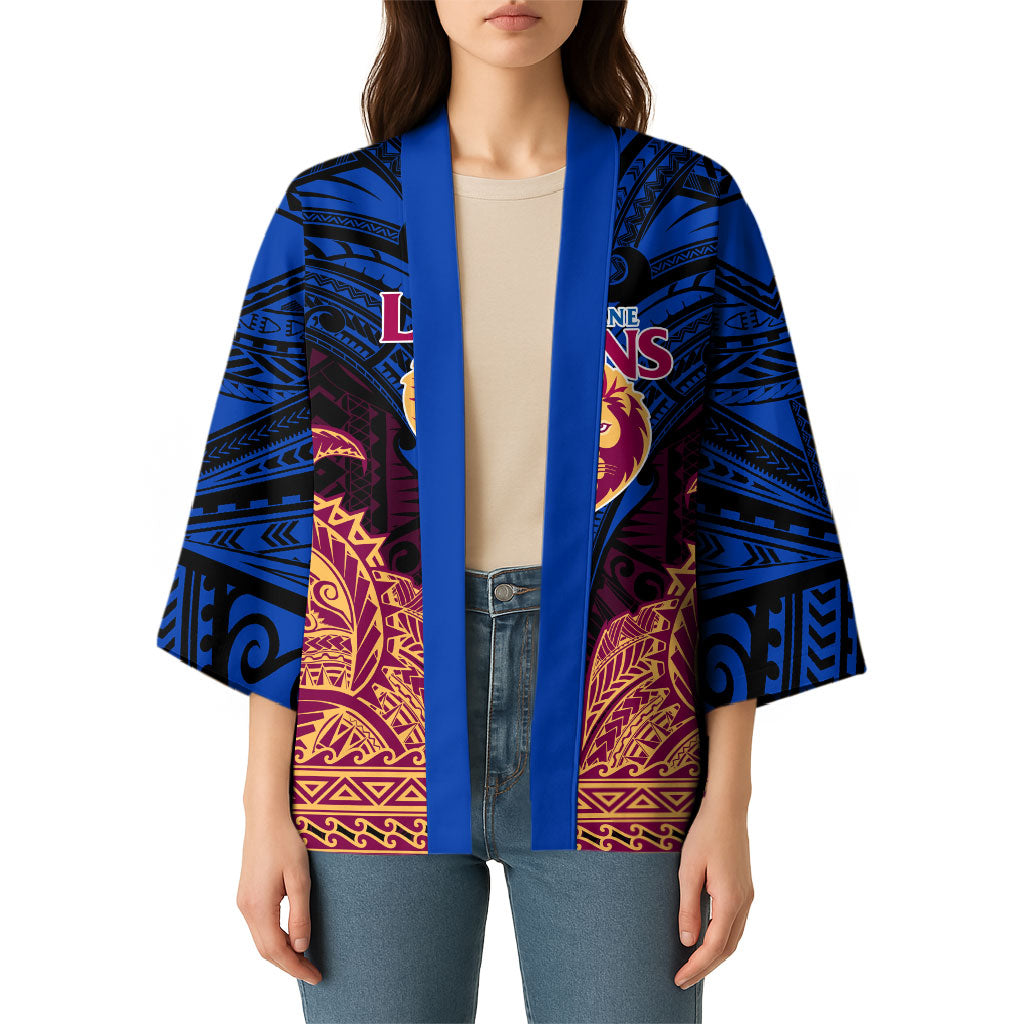 Personalized Brisbane Lions Kimono Polynesian Tribal Lion Burgundy Gold Warrior