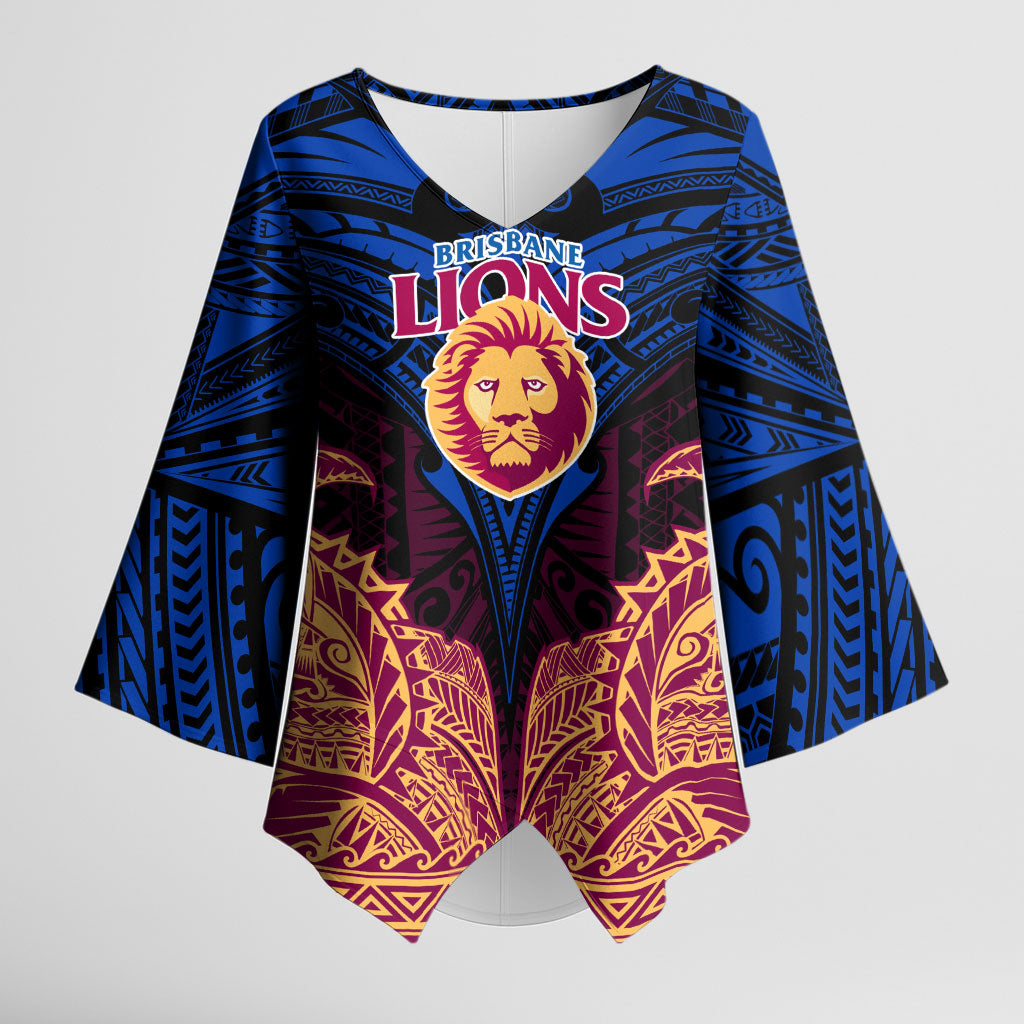 Personalized Brisbane Lions Kimono Sleeve Blouse Polynesian Tribal Lion Burgundy Gold Warrior