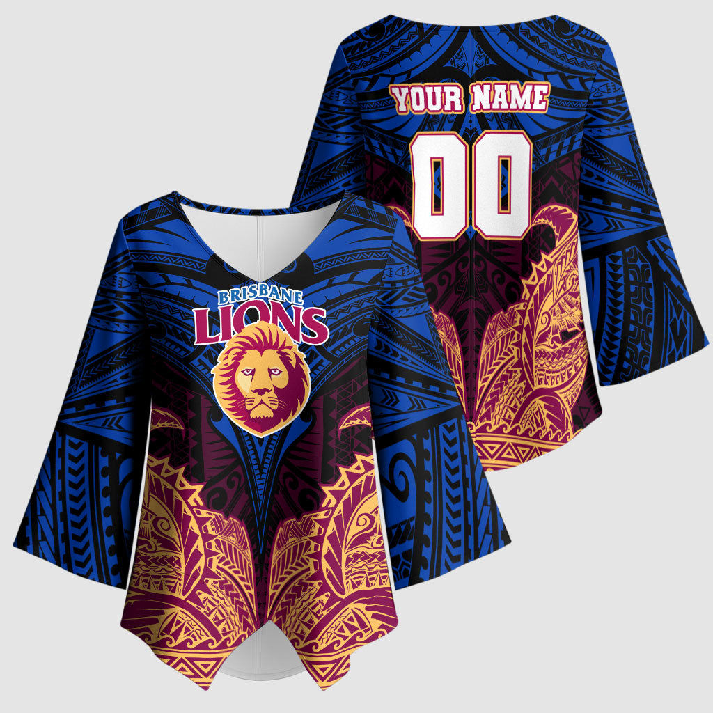 Personalized Brisbane Lions Kimono Sleeve Blouse Polynesian Tribal Lion Burgundy Gold Warrior