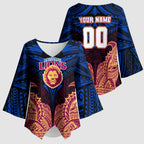 Personalized Brisbane Lions Kimono Sleeve Blouse Polynesian Tribal Lion Burgundy Gold Warrior