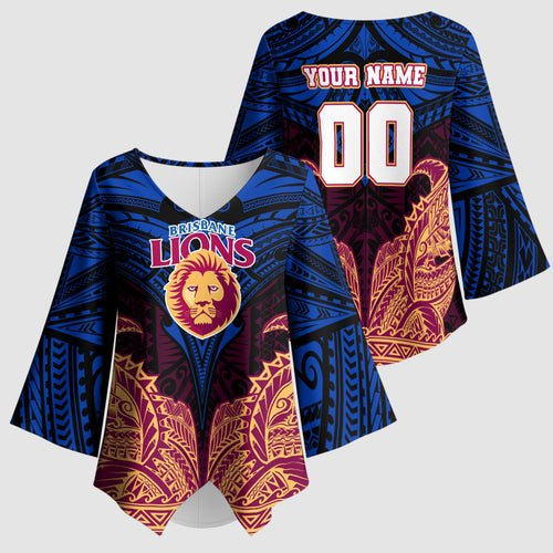 Personalized Brisbane Lions Kimono Sleeve Blouse Polynesian Tribal Lion Burgundy Gold Warrior