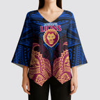 Personalized Brisbane Lions Kimono Sleeve Blouse Polynesian Tribal Lion Burgundy Gold Warrior