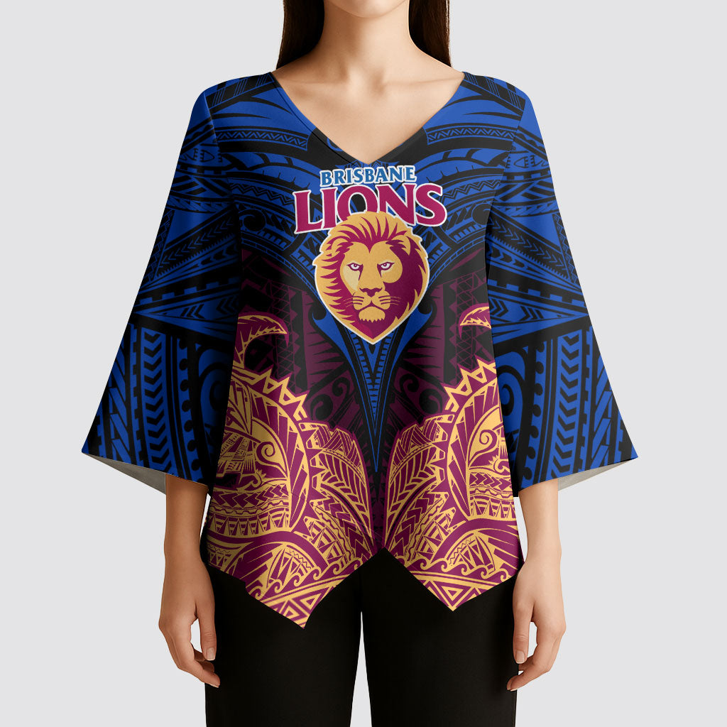 Personalized Brisbane Lions Kimono Sleeve Blouse Polynesian Tribal Lion Burgundy Gold Warrior