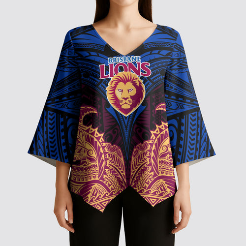 Personalized Brisbane Lions Kimono Sleeve Blouse Polynesian Tribal Lion Burgundy Gold Warrior