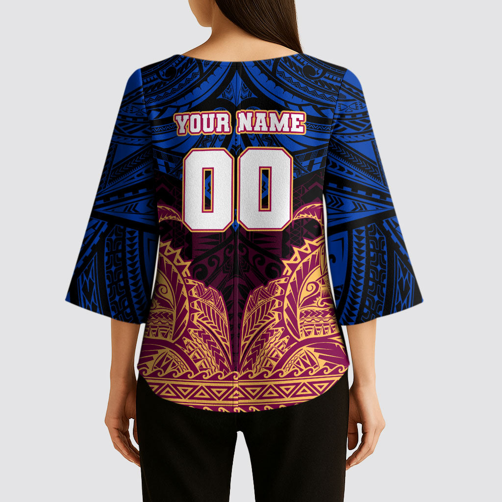 Personalized Brisbane Lions Kimono Sleeve Blouse Polynesian Tribal Lion Burgundy Gold Warrior