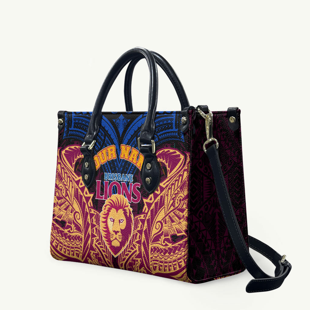 Personalized Brisbane Lions Leather Bag Polynesian Tribal Lion Burgundy Gold Warrior
