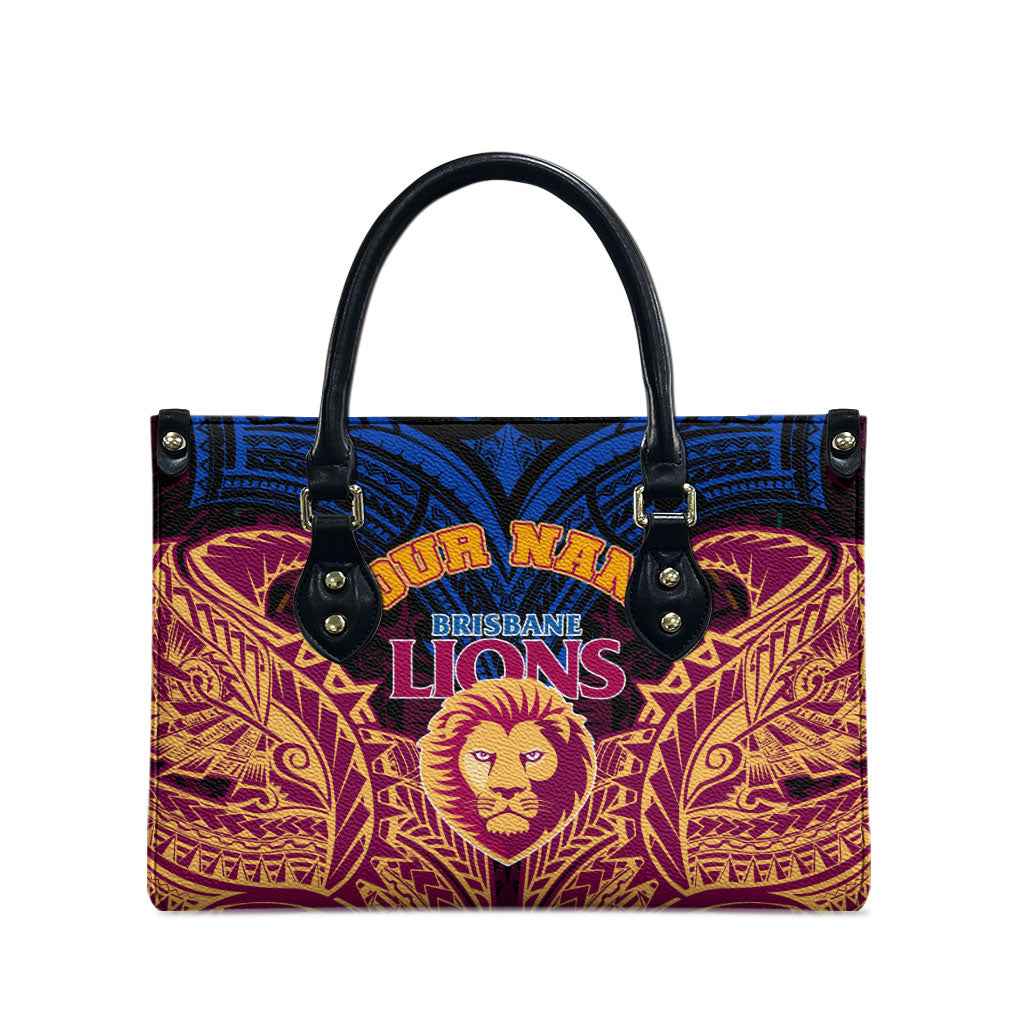 Personalized Brisbane Lions Leather Bag Polynesian Tribal Lion Burgundy Gold Warrior