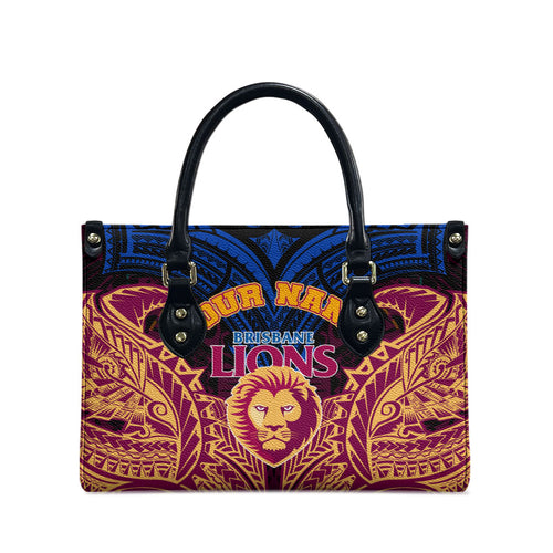 Personalized Brisbane Lions Leather Bag Polynesian Tribal Lion Burgundy Gold Warrior