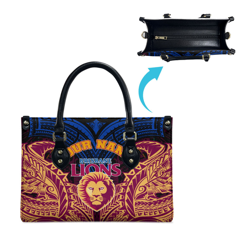Personalized Brisbane Lions Leather Bag Polynesian Tribal Lion Burgundy Gold Warrior