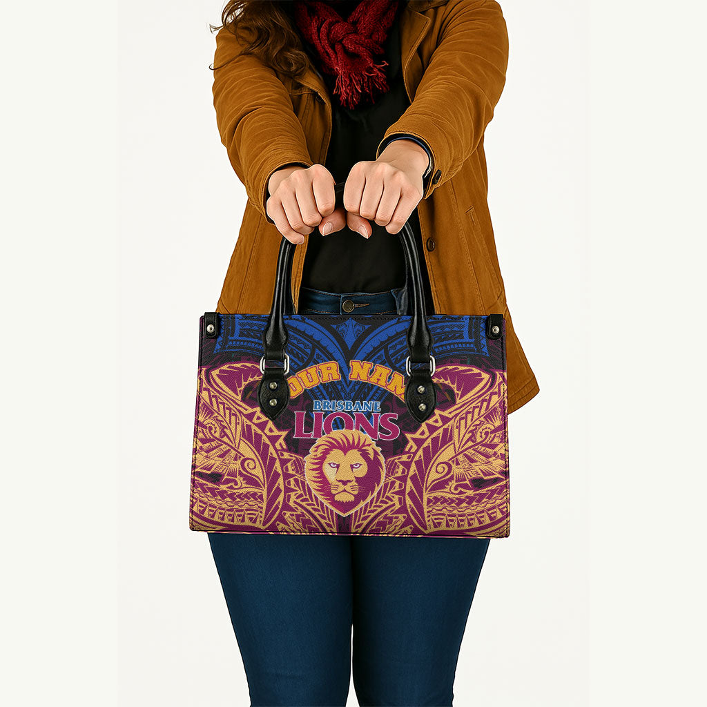 Personalized Brisbane Lions Leather Bag Polynesian Tribal Lion Burgundy Gold Warrior